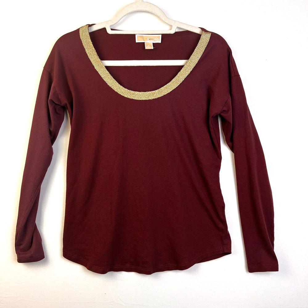 Michael Kors Top Women's Small Burgundy Gold Mettalic Trim Cotton Long Sleeves